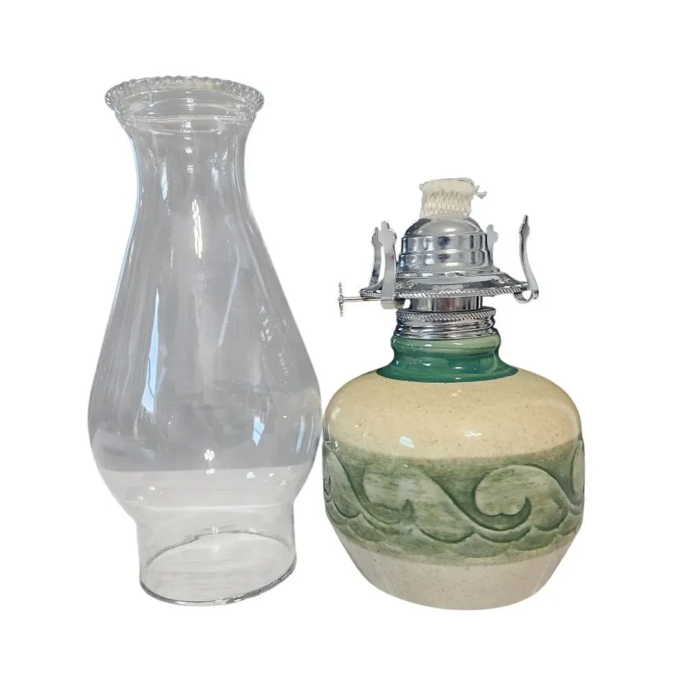 Vintage Oil Lantern Farmhouse Ceramic Green Cream Country with Glass Hurricane